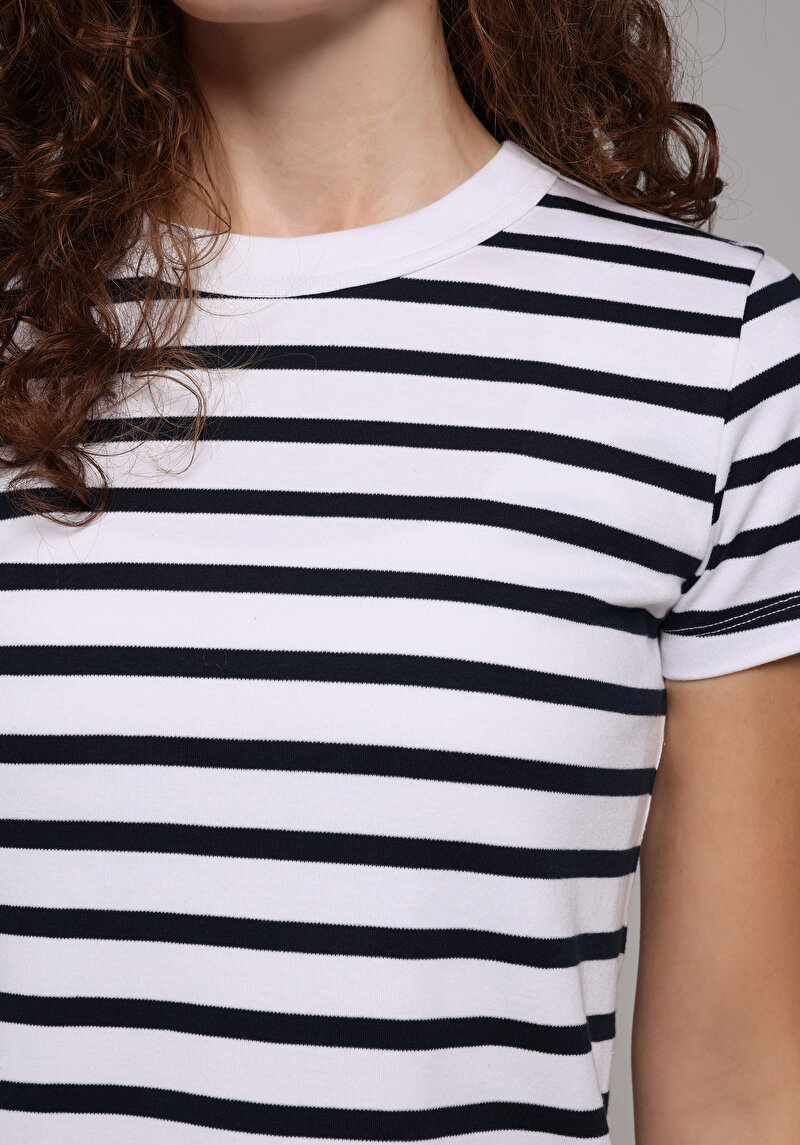 Slim Fit Yuvarlak Yaka Çizgili Kadın Lacivert Kısa Kol Tişört