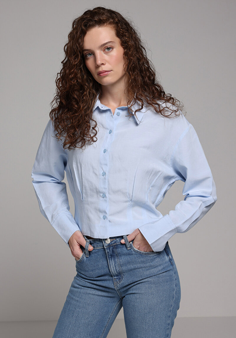 Fashion Fit Shirt Neck Düz Kadın Mavi Uzun Kol Gömlek