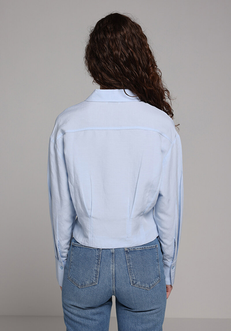 Fashion Fit Shirt Neck Düz Kadın Mavi Uzun Kol Gömlek