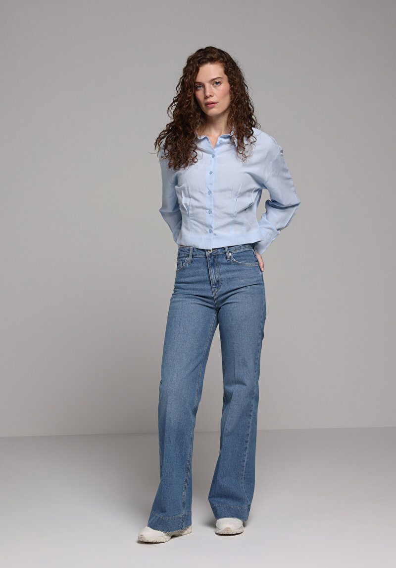 Fashion Fit Shirt Neck Düz Kadın Mavi Uzun Kol Gömlek