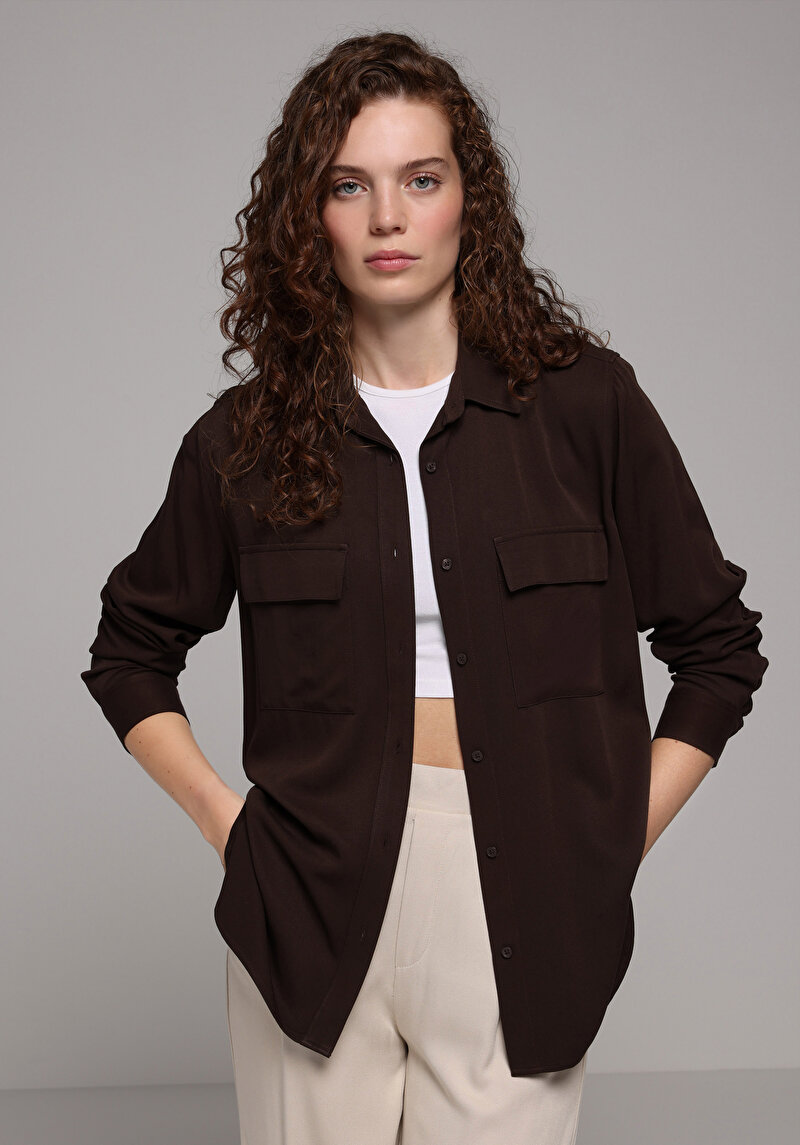 Regular Fit Shirt Neck Düz Kadın Kahverengi Uzun Kol Gömlek