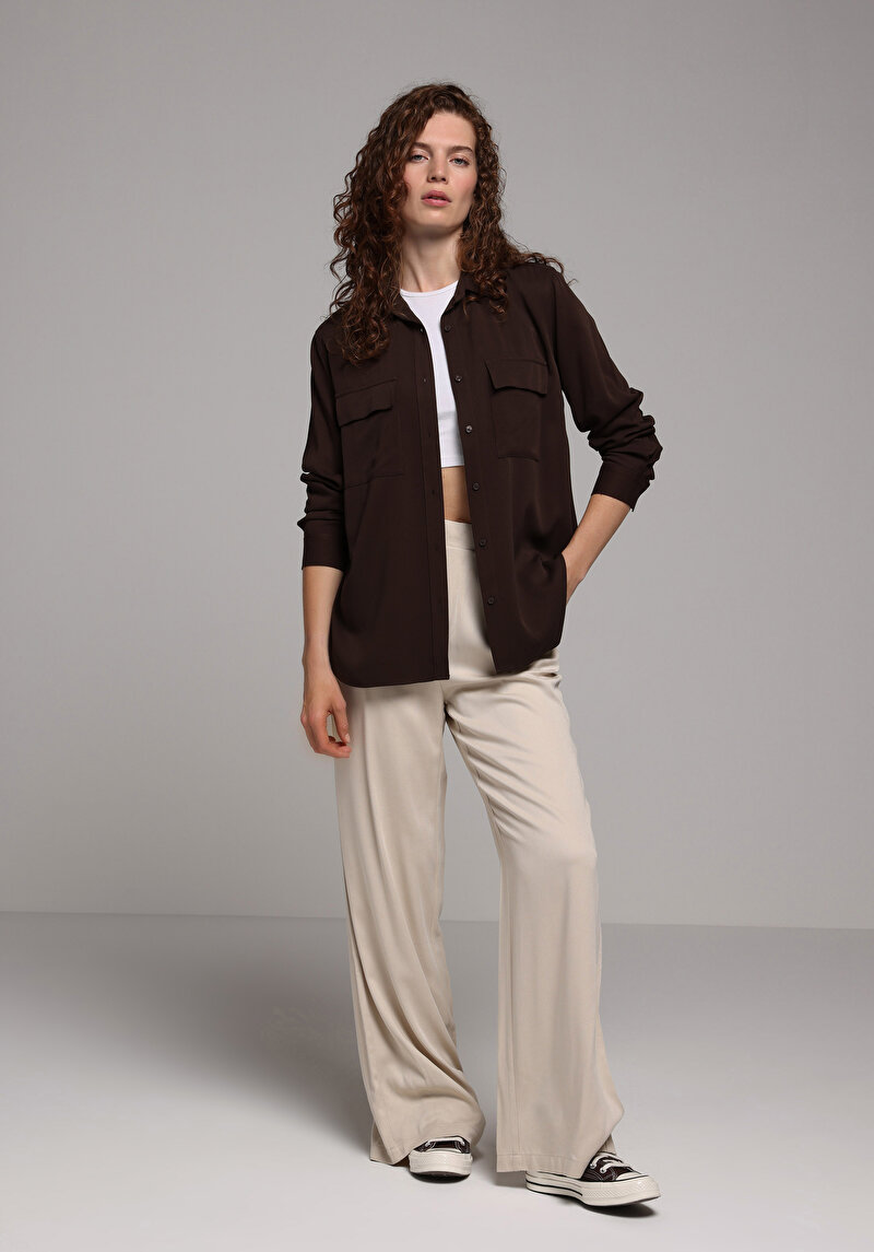 Regular Fit Shirt Neck Düz Kadın Kahverengi Uzun Kol Gömlek