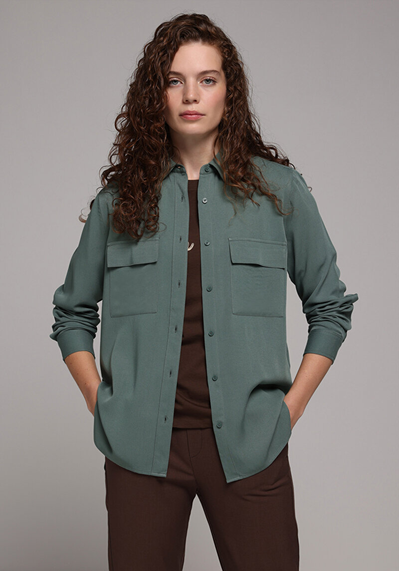 Regular Fit Shirt Neck Düz Kadın Yeşil Uzun Kol Gömlek
