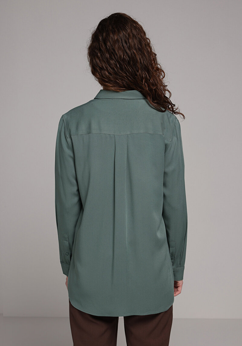 Regular Fit Shirt Neck Düz Kadın Yeşil Uzun Kol Gömlek