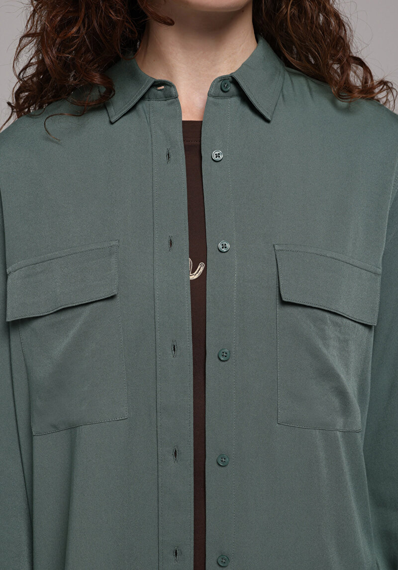 Regular Fit Shirt Neck Düz Kadın Yeşil Uzun Kol Gömlek