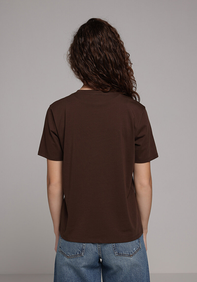 Regular Fit Yuvarlak Yaka Baskılı Kadın Kahverengi Kısa Kol Tişört
