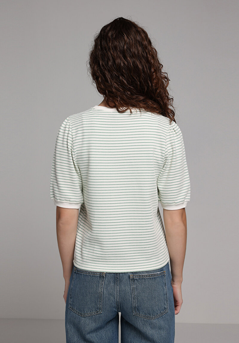 Slim Fit Yuvarlak Yaka Çizgili Kadın Yeşil Kısa Kol Tişört