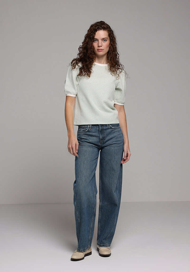 Slim Fit Yuvarlak Yaka Çizgili Kadın Yeşil Kısa Kol Tişört