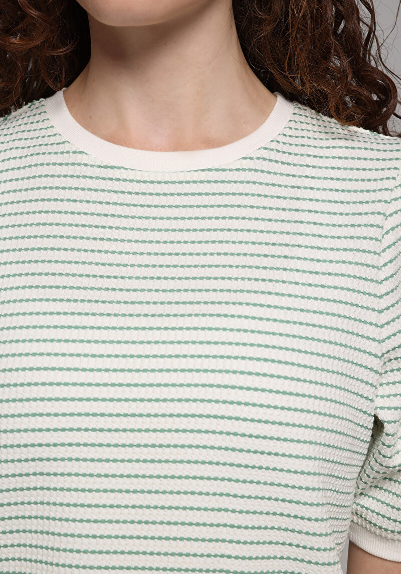 Slim Fit Yuvarlak Yaka Çizgili Kadın Yeşil Kısa Kol Tişört