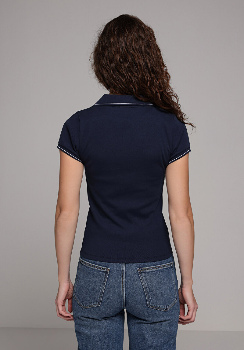Slim Fit Polo Yaka Düz Kadın Lacivert Kısa Kol Tişört