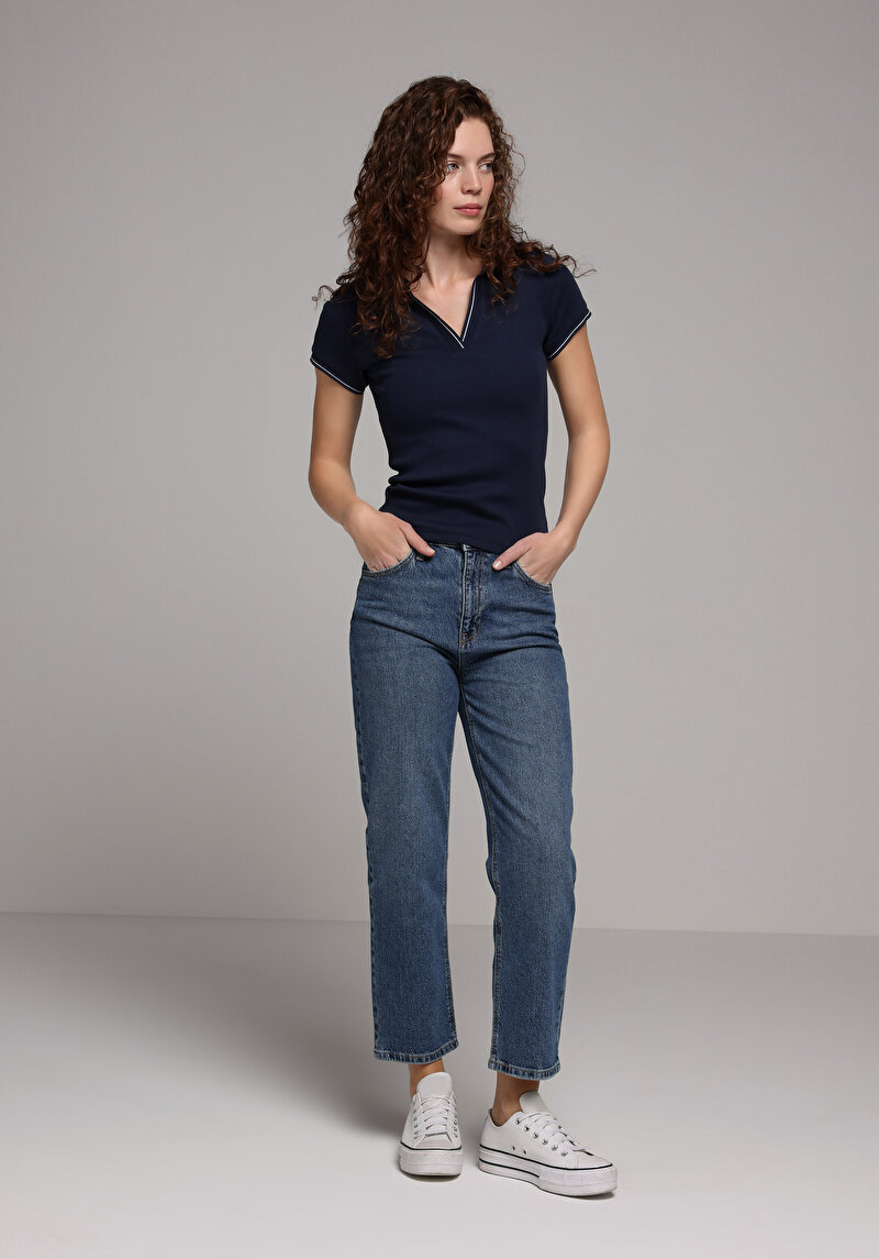 Slim Fit Polo Yaka Düz Kadın Lacivert Kısa Kol Tişört