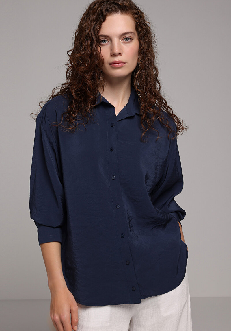 Boyfriend Shirt Neck Düz Kadın Lacivert Uzun Kol Gömlek