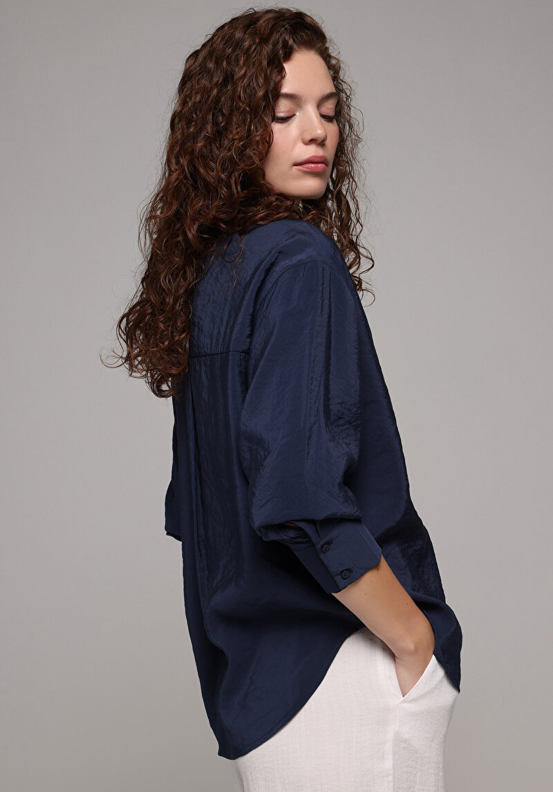 Boyfriend Shirt Neck Düz Kadın Lacivert Uzun Kol Gömlek