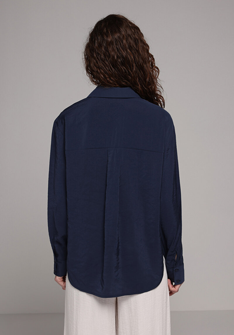 Boyfriend Shirt Neck Düz Kadın Lacivert Uzun Kol Gömlek