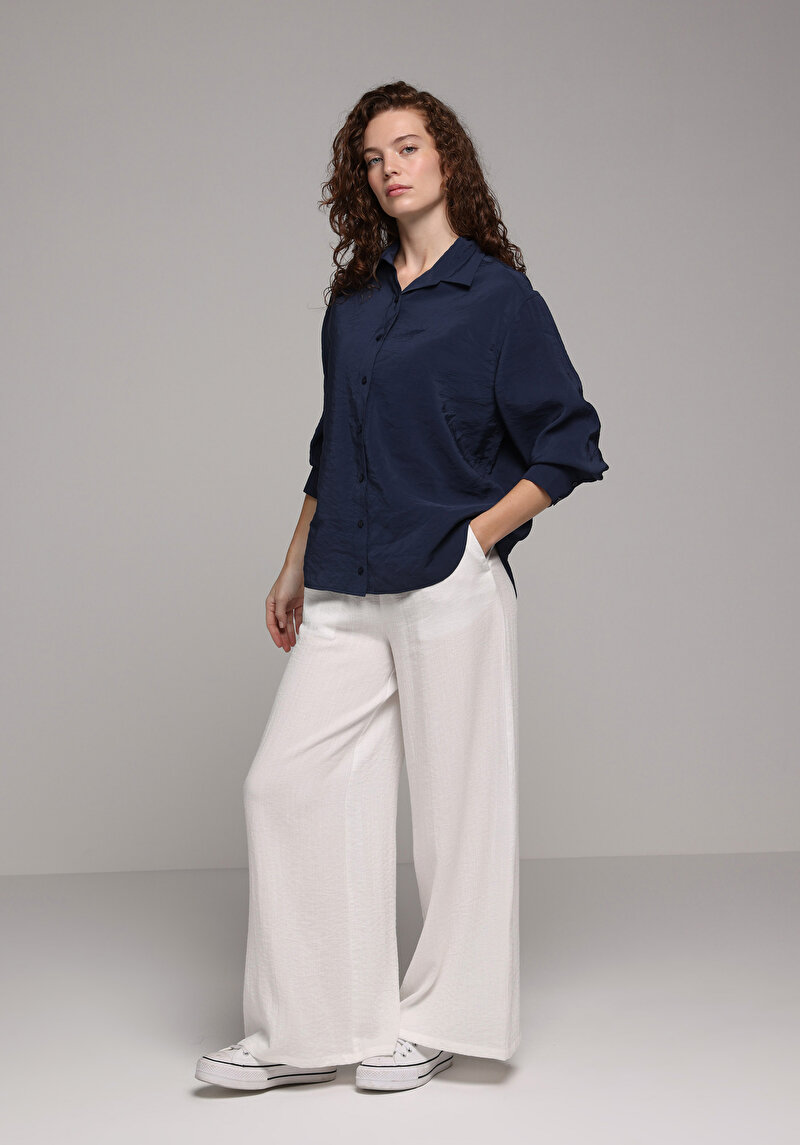 Boyfriend Shirt Neck Düz Kadın Lacivert Uzun Kol Gömlek