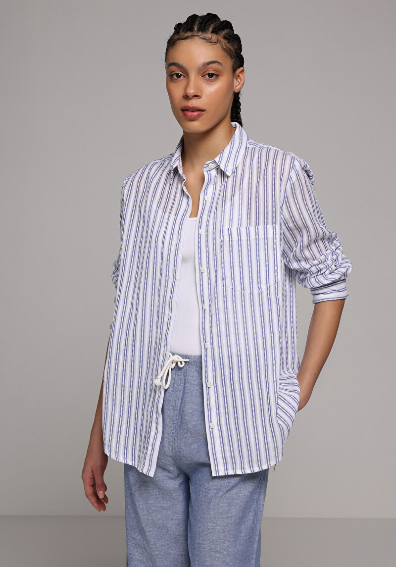 Regular Fit Shirt Neck Çizgili Kadın Mavi Uzun Kol Gömlek