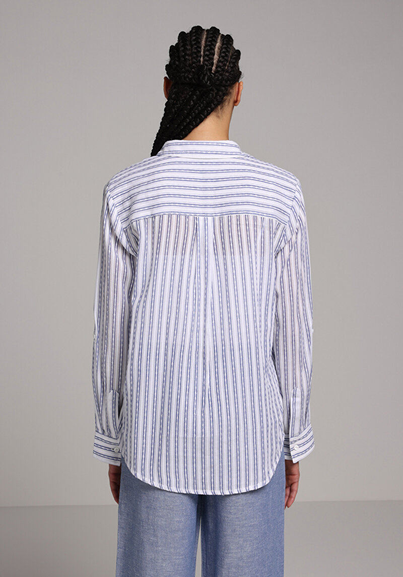 Regular Fit Shirt Neck Çizgili Kadın Mavi Uzun Kol Gömlek