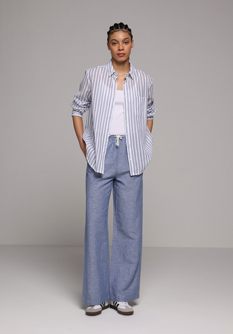 Regular Fit Shirt Neck Çizgili Kadın Mavi Uzun Kol Gömlek