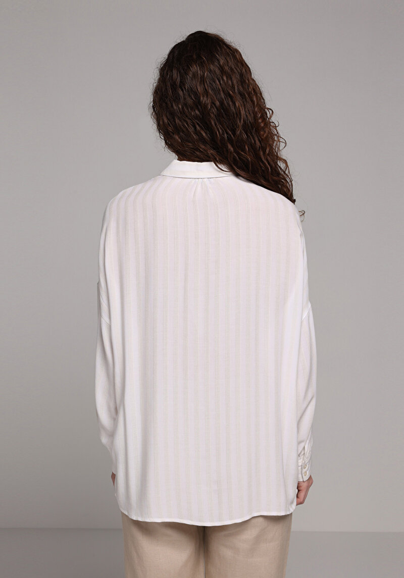 Fashion Fit Shirt Neck Jakarlı Kadın Ekru Uzun Kol Gömlek