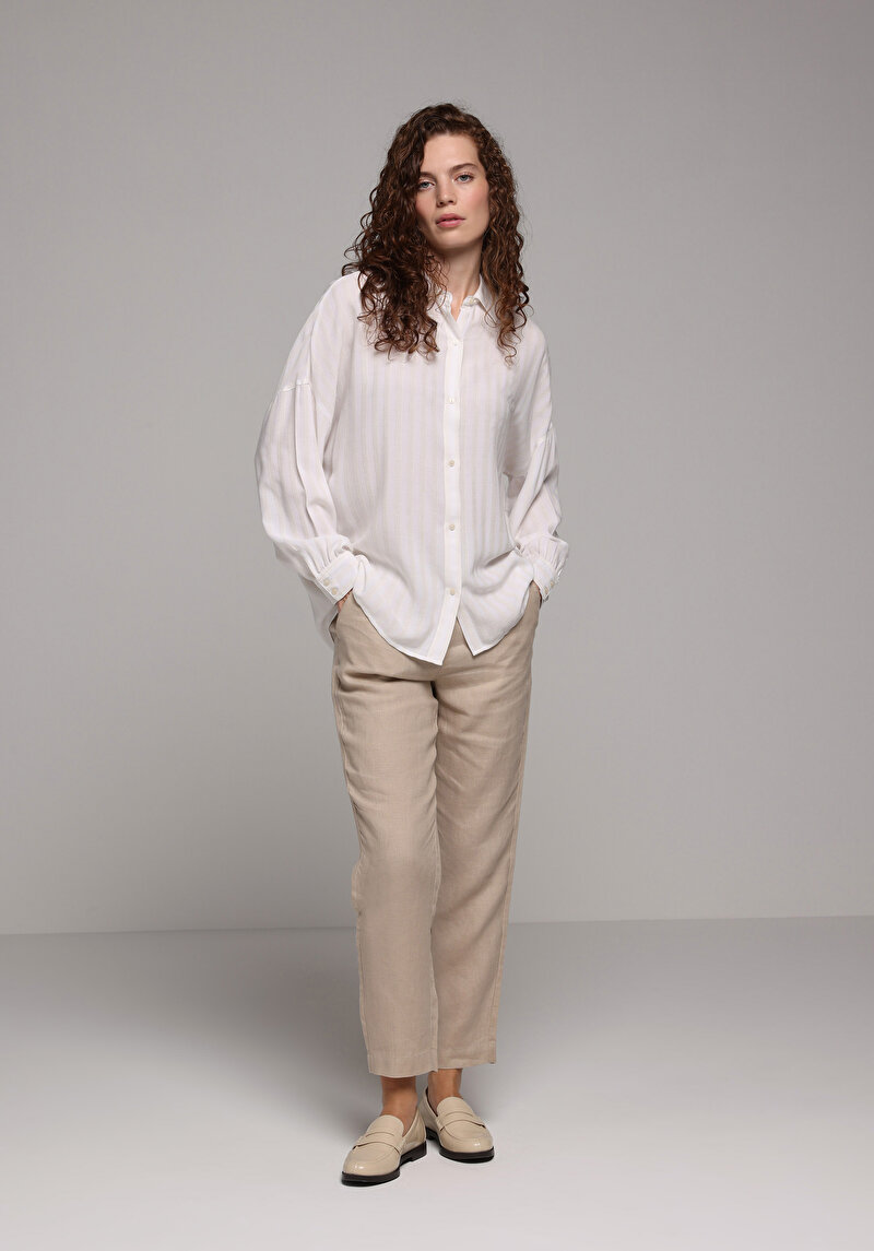 Fashion Fit Shirt Neck Jakarlı Kadın Ekru Uzun Kol Gömlek