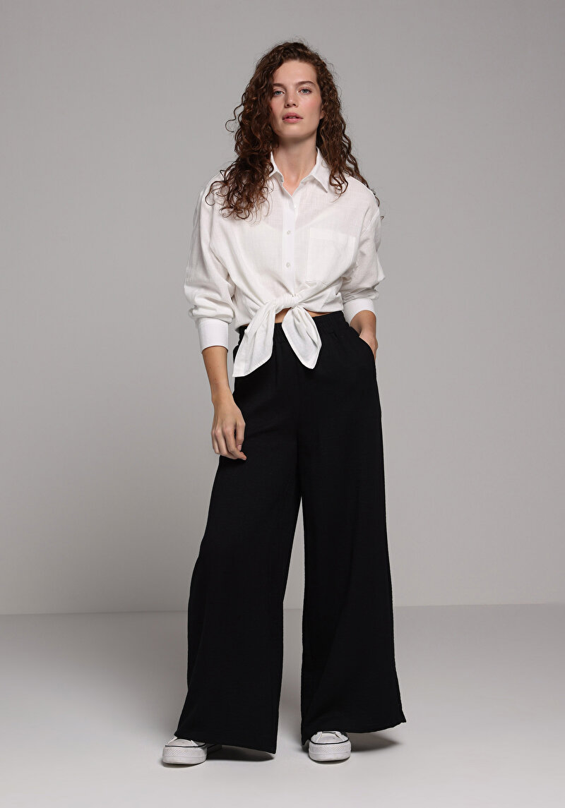 Regular Fit Yüksel Bel Geniş Paça Kadın Siyah  Pantolon