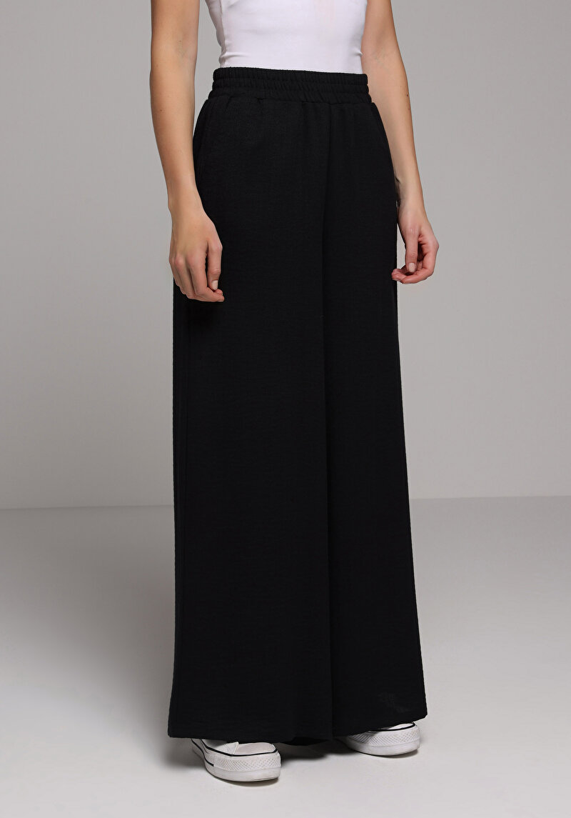 Regular Fit Yüksel Bel Geniş Paça Kadın Siyah  Pantolon