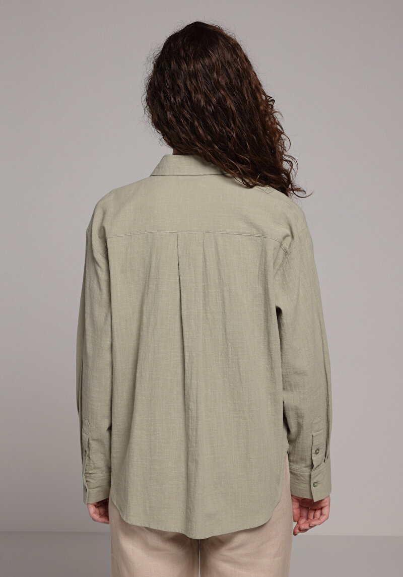 Boyfriend Fit Shirt Neck Düz Kadın Yeşil Uzun Kol Gömlek