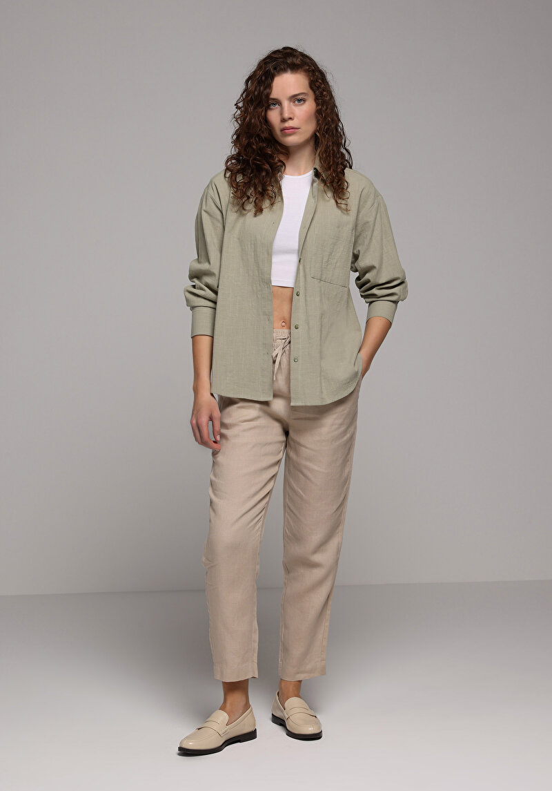 Boyfriend Fit Shirt Neck Düz Kadın Yeşil Uzun Kol Gömlek