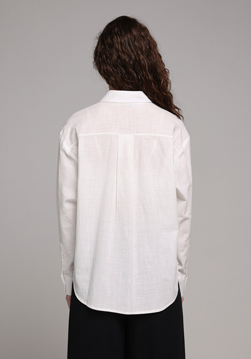 Boyfriend Fit Shirt Neck Düz Kadın Beyaz Uzun Kol Gömlek