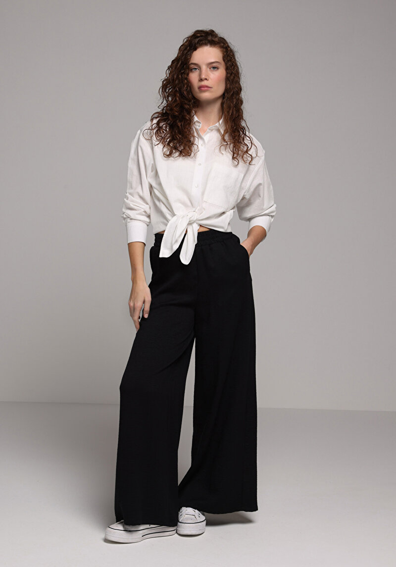 Boyfriend Fit Shirt Neck Düz Kadın Beyaz Uzun Kol Gömlek