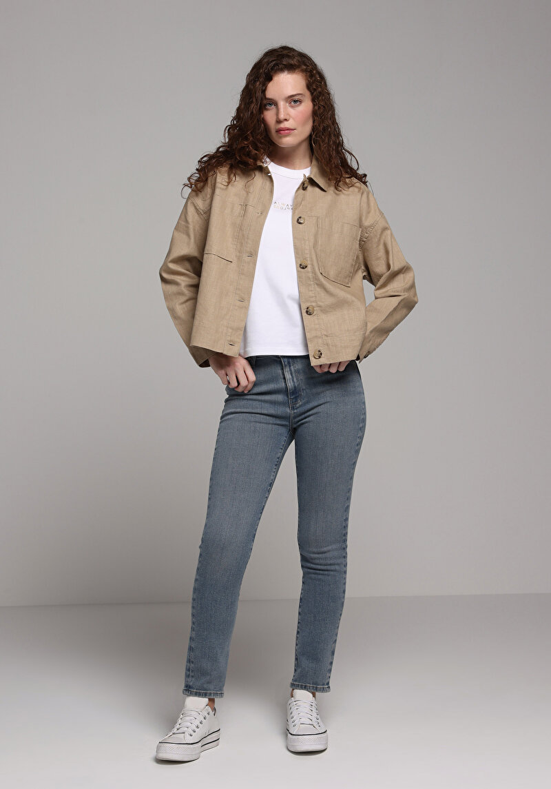 Slim Fit Orta Bel Düz Paça Kadın Mid İndigo Denim Jean Pantolon