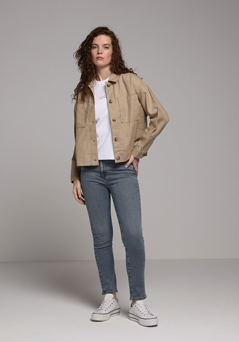 Slim Fit Orta Bel Düz Paça Kadın Mid İndigo Denim Jean Pantolon