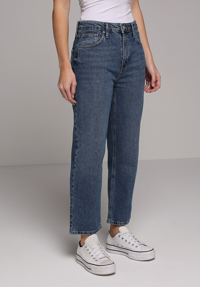 Straight Fit   Kadın Mid İndigo Denim Jean Pantolon