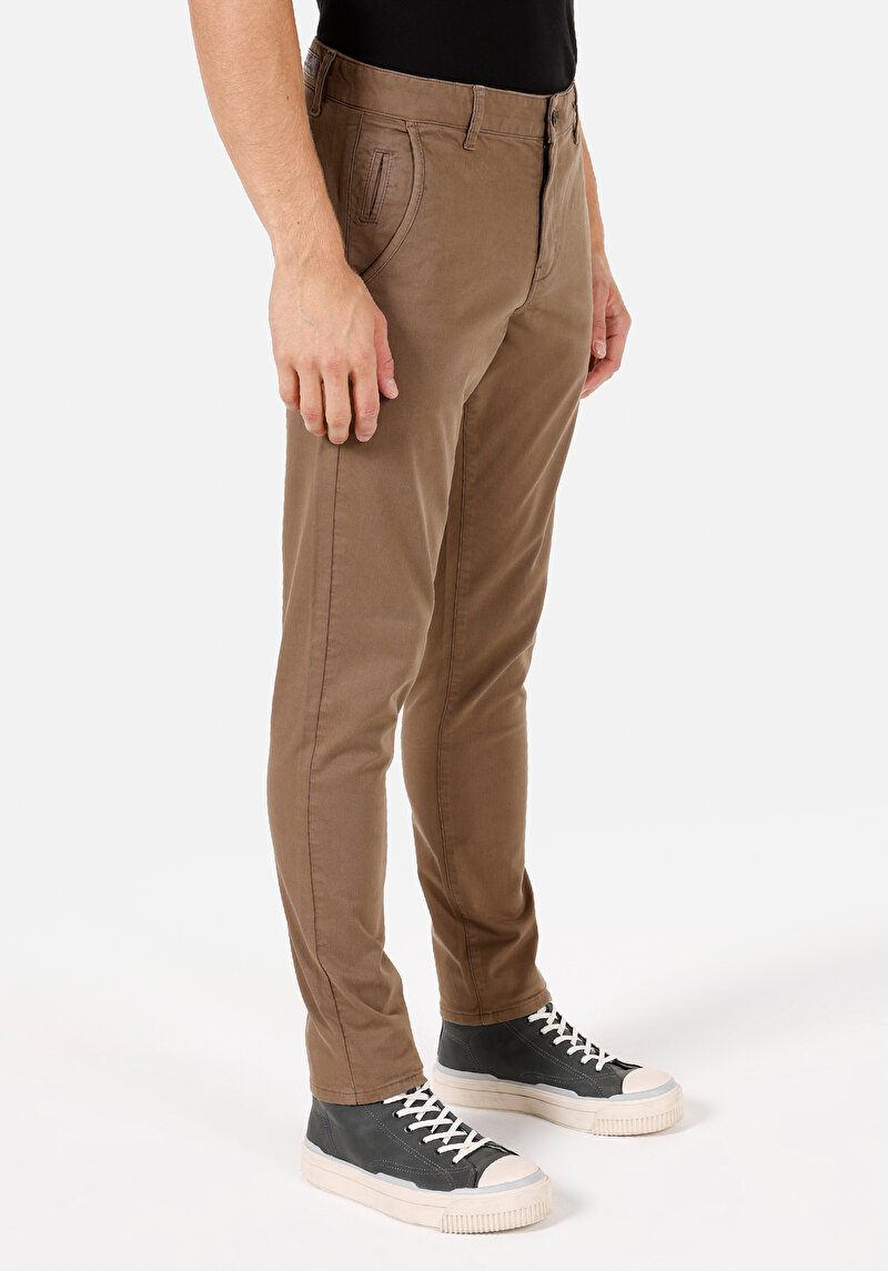 Slim Fit Orta Bel Düz Paça Erkek Kahverengi Pantolon