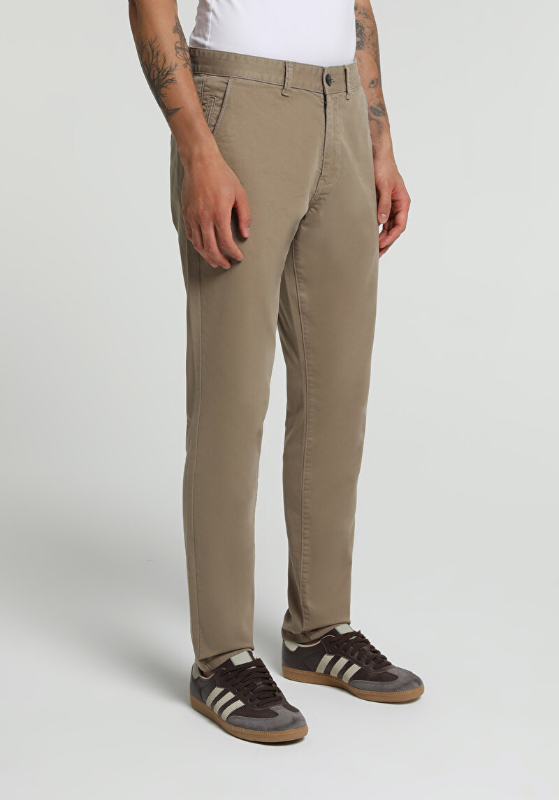 Slim Fit Orta Bel Düz Paça Erkek Bej Pantolon