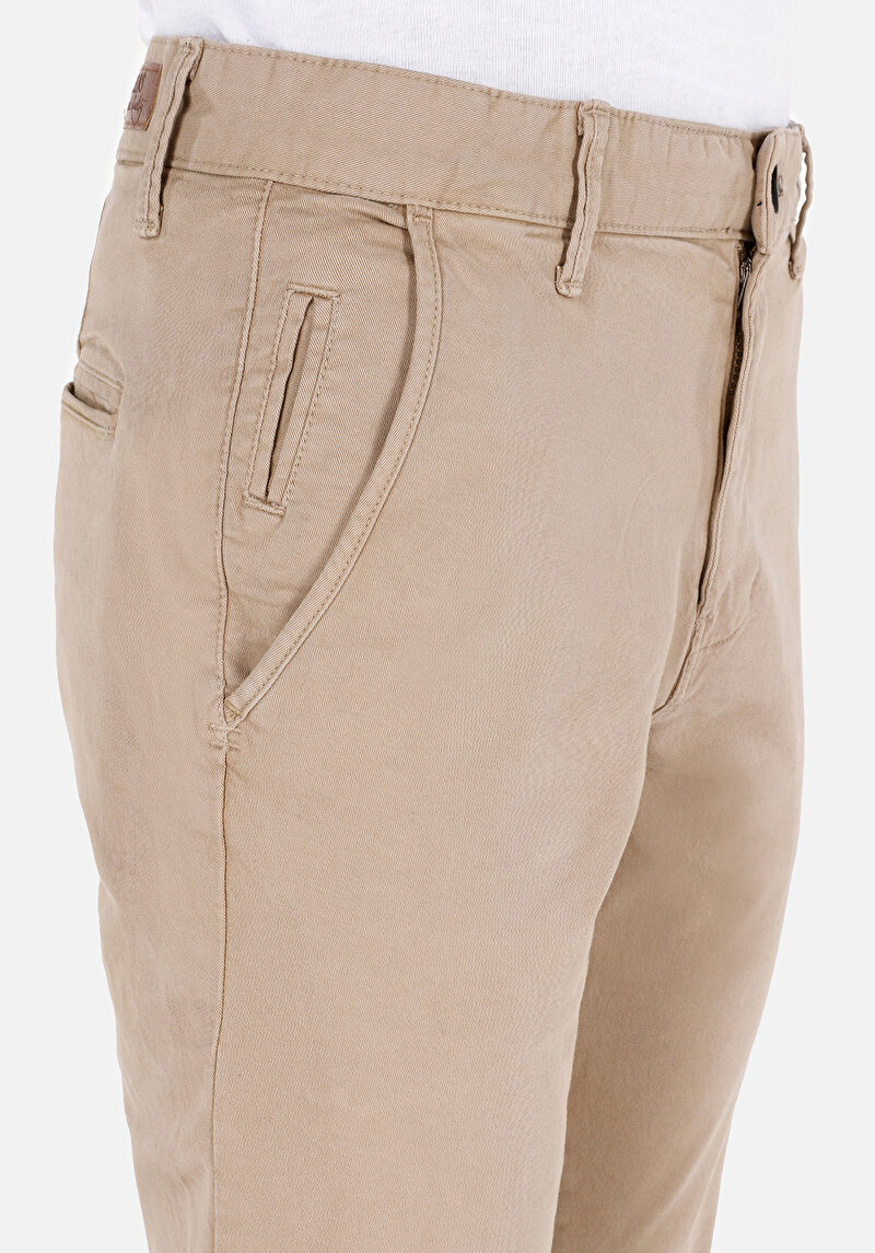 Slim Fit Orta Bel Düz Paça Erkek Bej  Pantolon