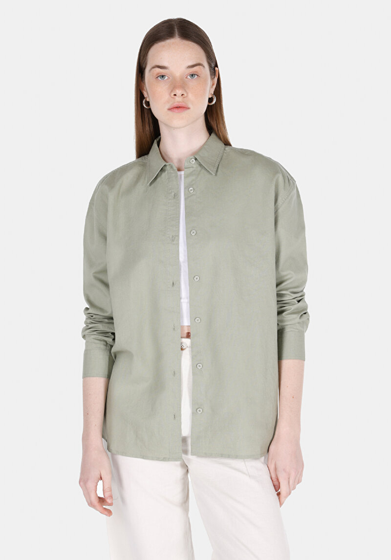 Relax Fit Shirt Neck Düz Kadın Yeşil Uzun Kol Gömlek