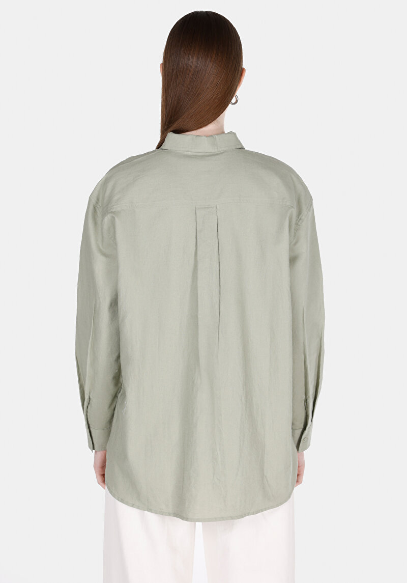 Relax Fit Shirt Neck Düz Kadın Yeşil Uzun Kol Gömlek