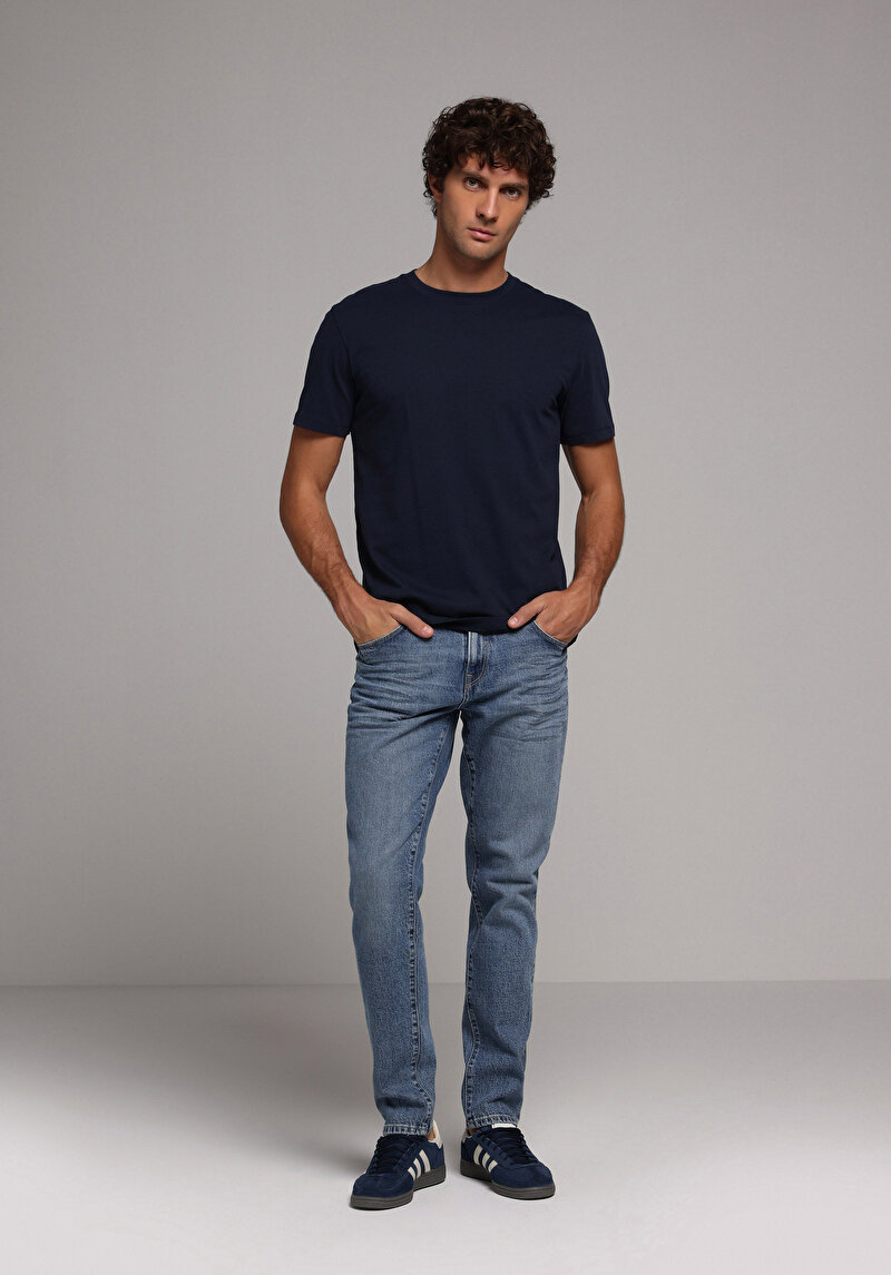 Regular Fit Yuvarlak Yaka Düz Erkek Lacivert Kısa Kol Tişört