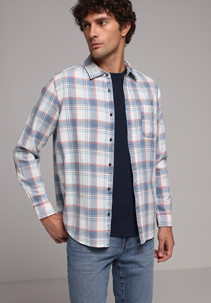 Regular Fit Shirt Neck Ekoseli Erkek Çok Renkli Uzun Kol Gömlek