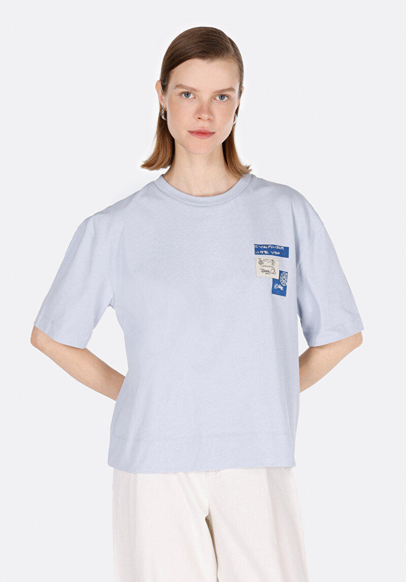 Regular Fit Yuvarlak Yaka Baskılı Kadın Mavi Kısa Kol Tişört