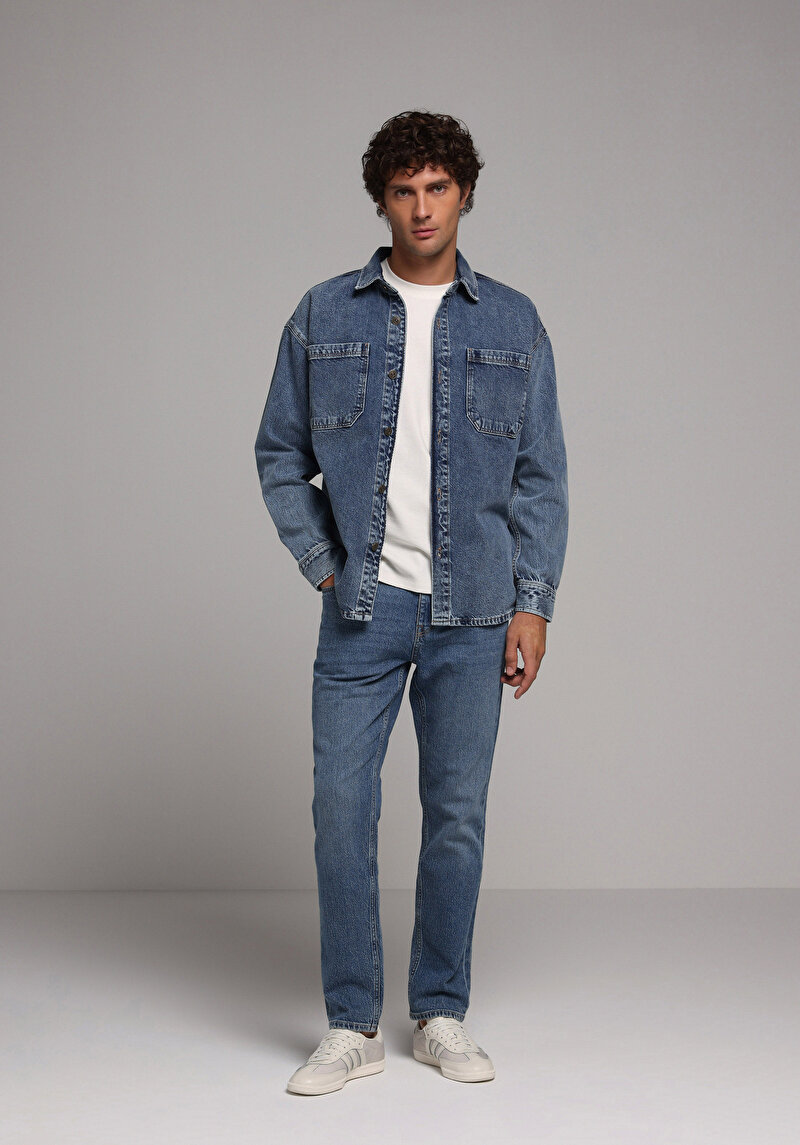 Regular Fit   Erkek Mid İndigo Denim Jean Pantolon