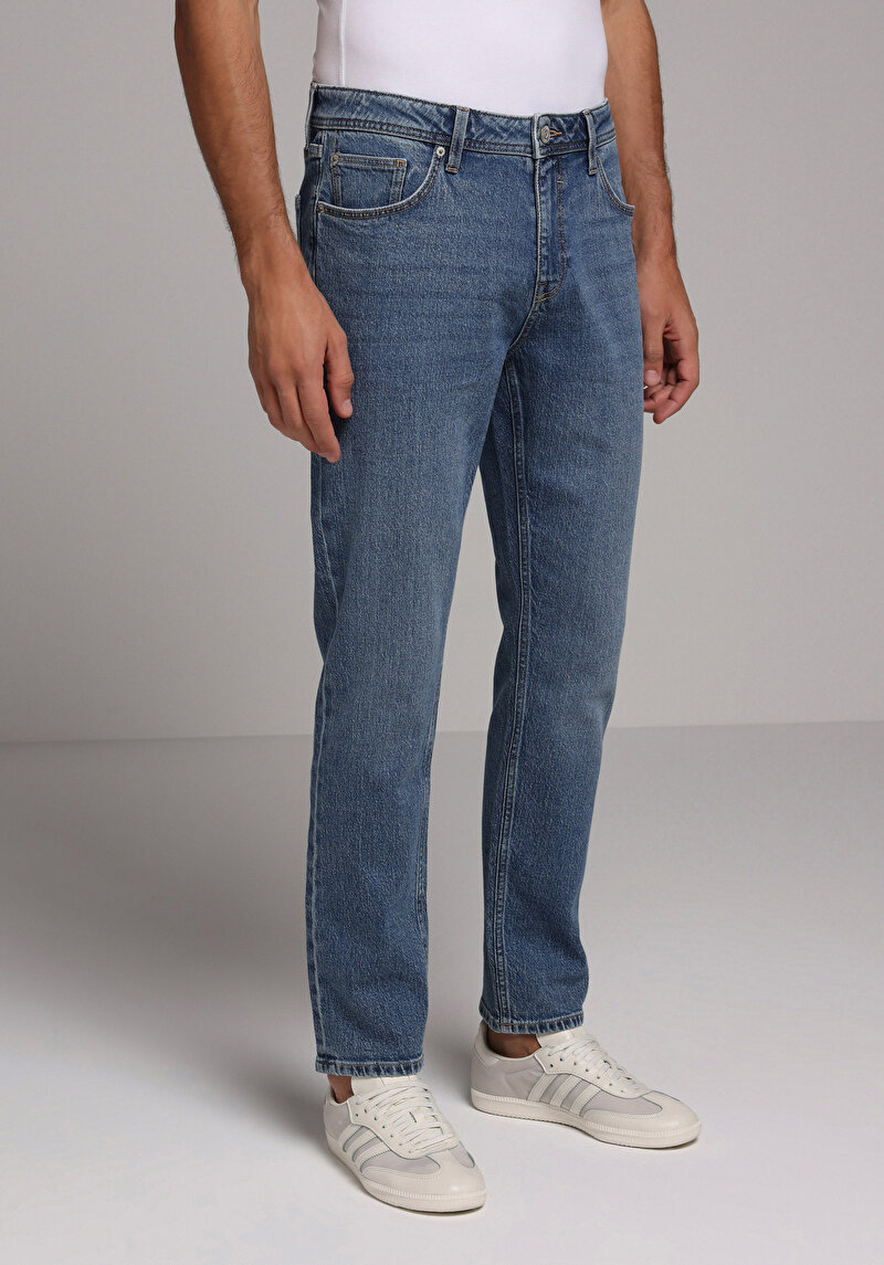 Regular Fit   Erkek Mid İndigo Denim Jean Pantolon
