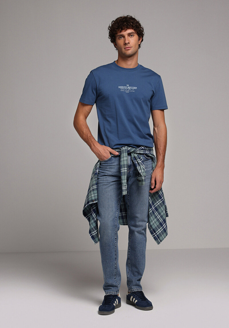 Regular Fit Yuvarlak Yaka Düz Erkek Mavi Kısa Kol Tişört