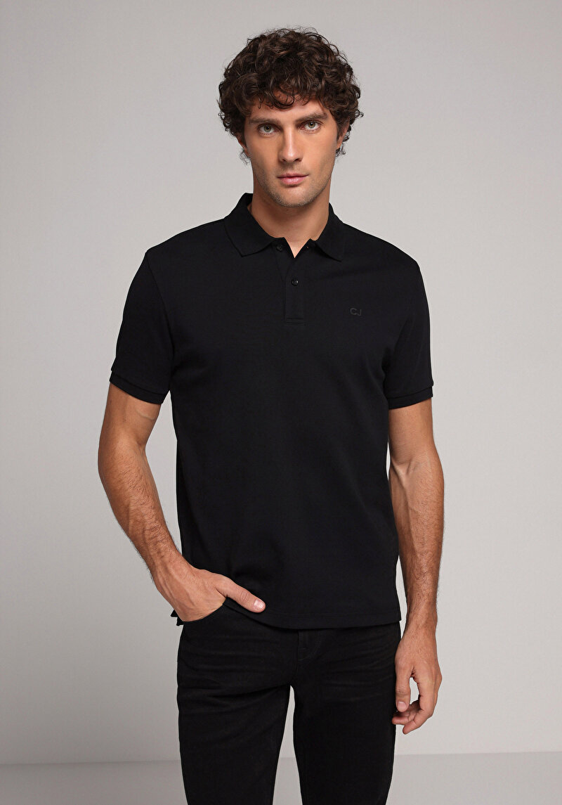 Regular Fit Polo Yaka Düz Erkek Siyah Kısa Kol Tişört