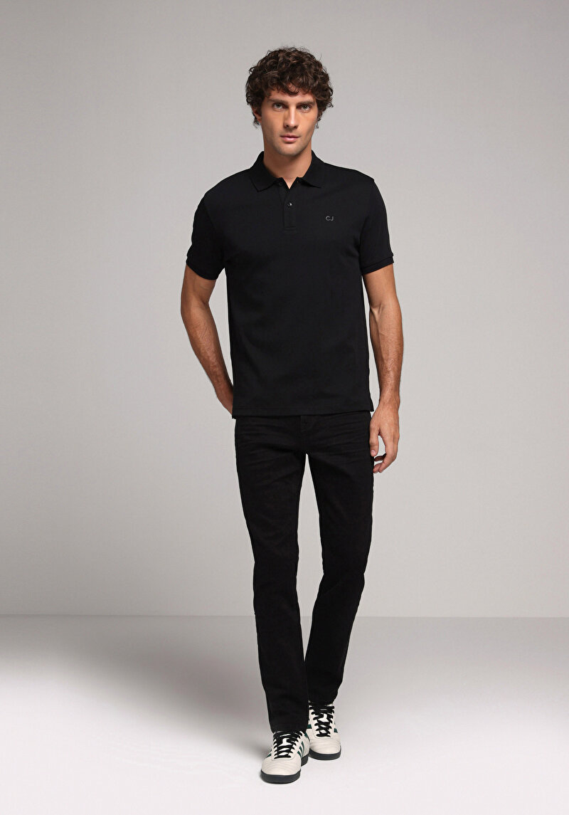 Regular Fit Polo Yaka Düz Erkek Siyah Kısa Kol Tişört