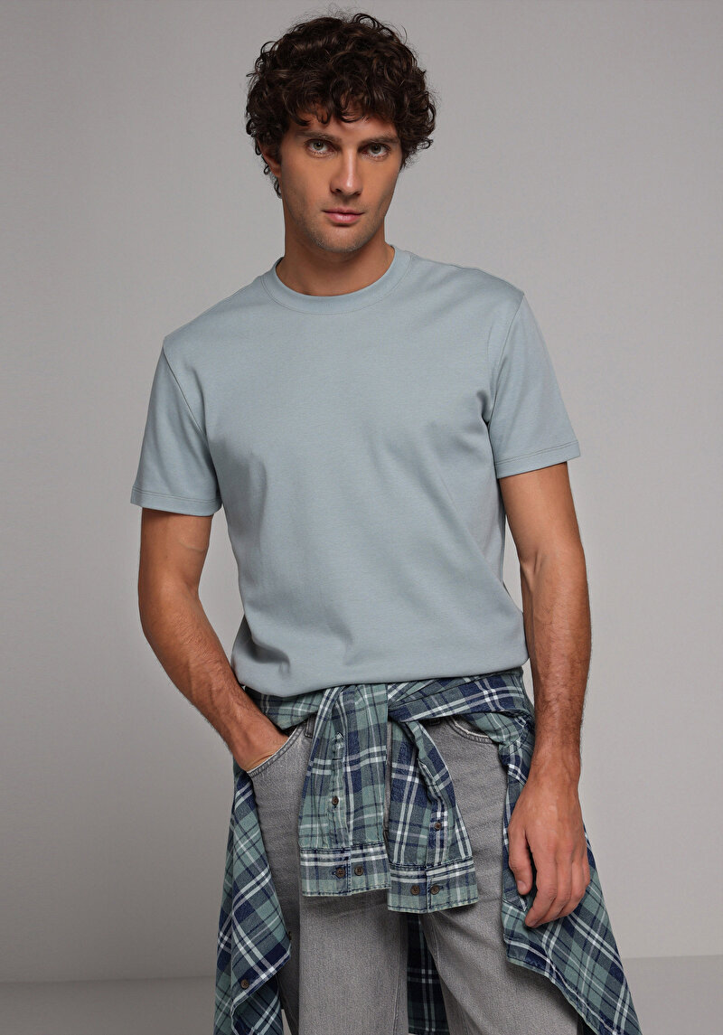 Regular Fit Yuvarlak Yaka Düz Erkek Yeşil Kısa Kol Tişört