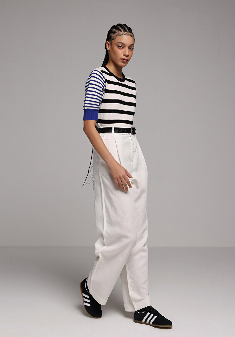 Regular Fit Yüksel Bel Geniş Paça Kadın Beyaz  Pantolon