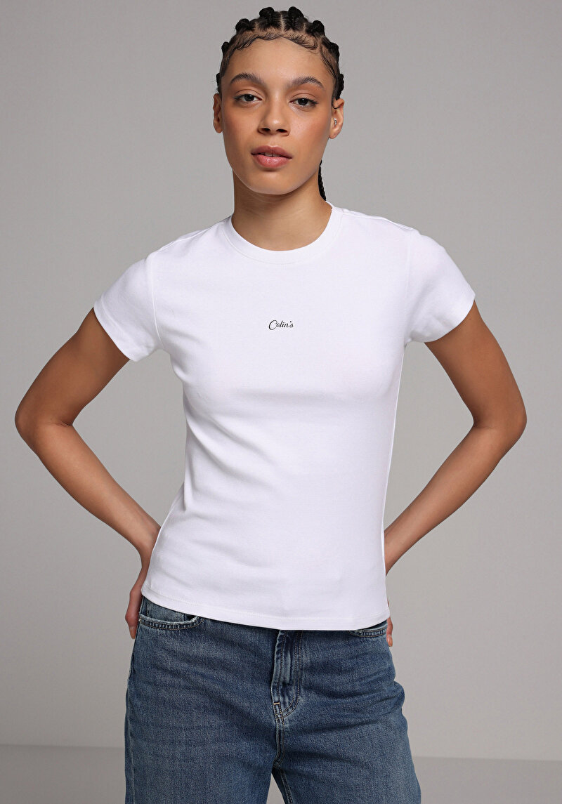 Slim Fit Yuvarlak Yaka Baskılı Kadın Beyaz Kısa Kol Tişört