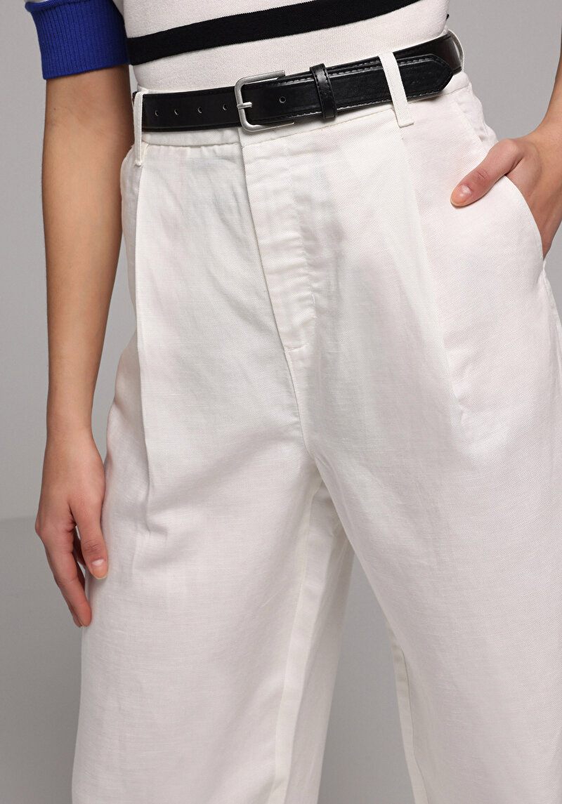 Regular Fit Yüksel Bel Geniş Paça Kadın Beyaz  Pantolon